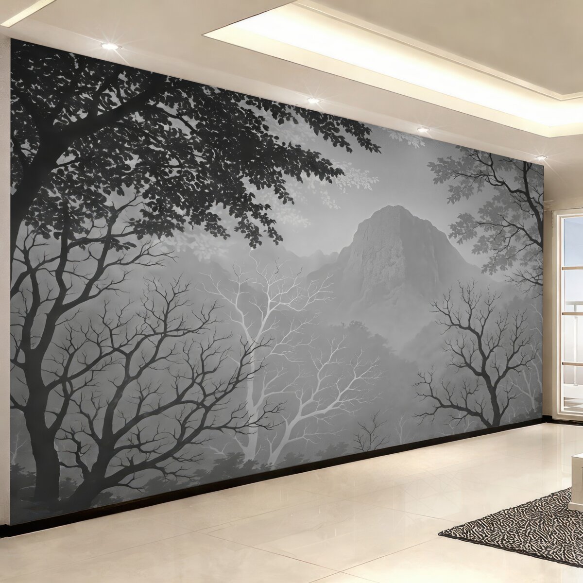 Fototapeta Ilustracja lasu na tle gór z zamgleniem.