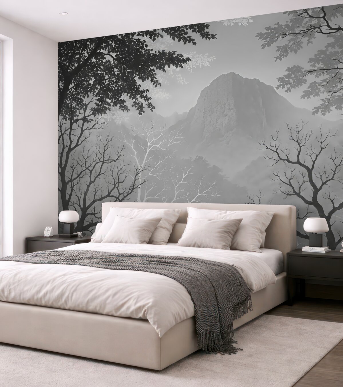 Fototapeta Ilustracja lasu na tle gór z zamgleniem.