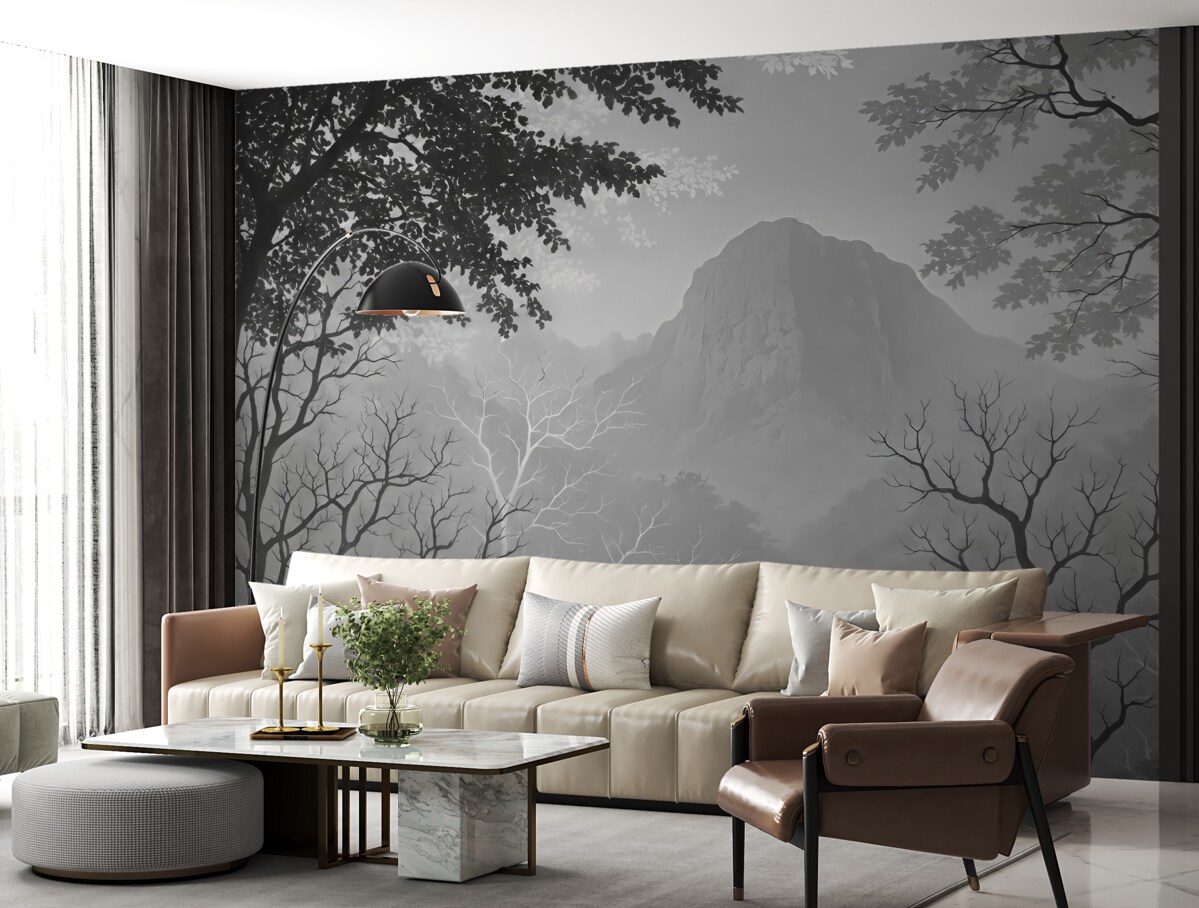 Fototapeta Ilustracja lasu na tle gór z zamgleniem.