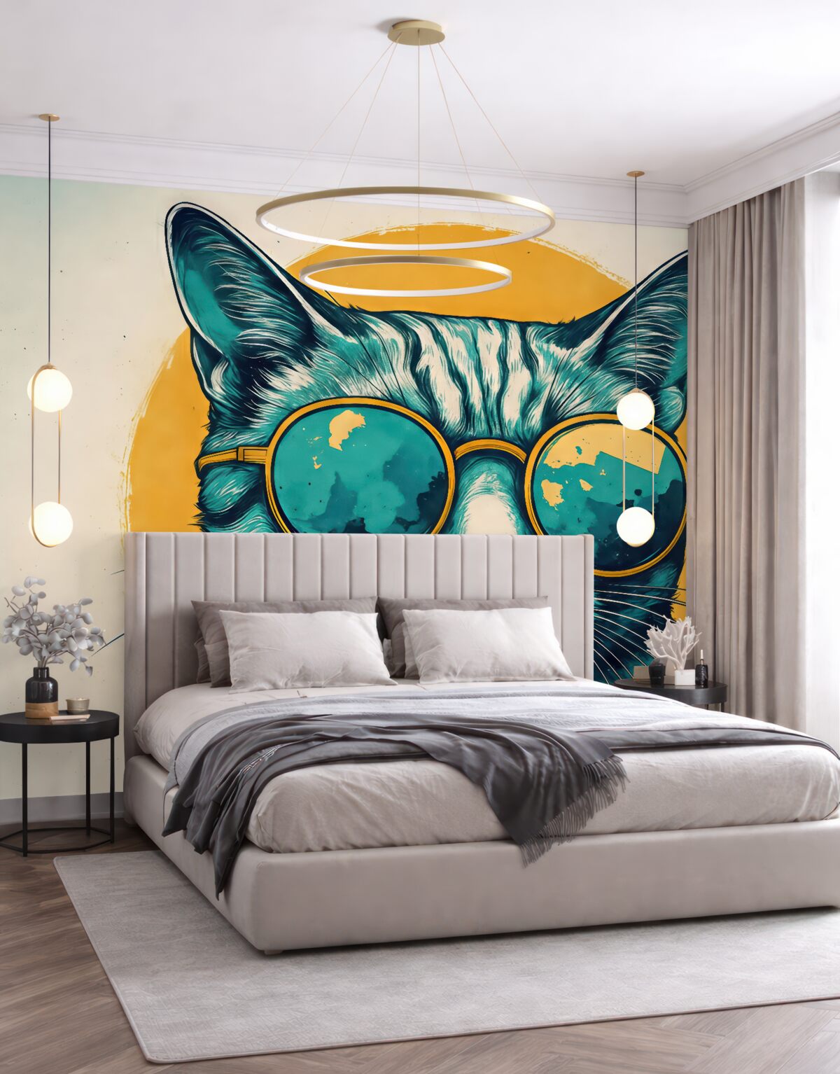 Fototapeta Obrazek radosnego, uśmiechniętego psa w okularach.