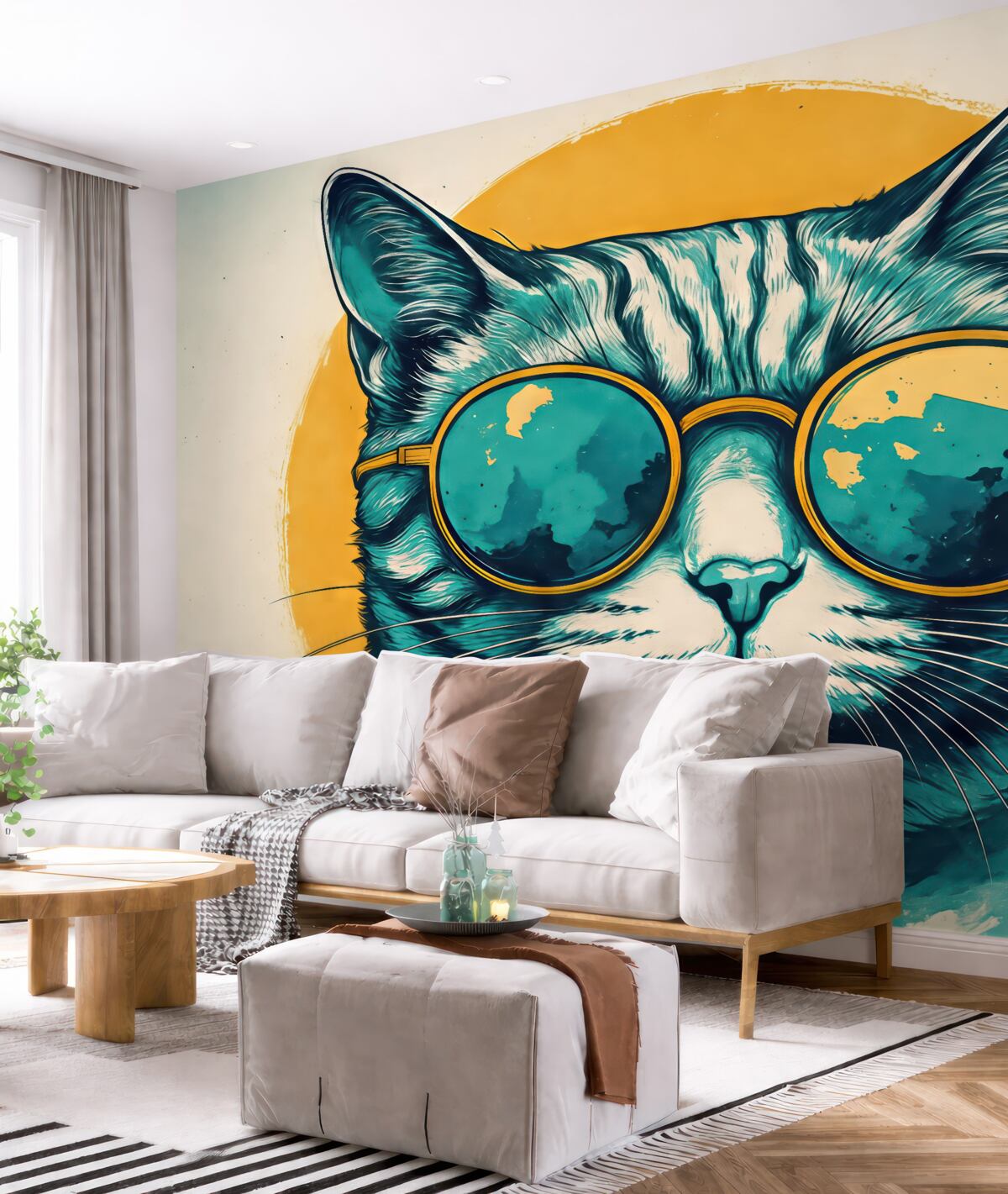 Fototapeta Obrazek radosnego, uśmiechniętego psa w okularach.