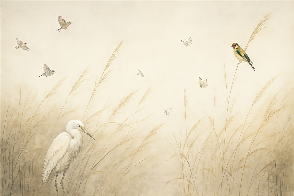 Fototapeta Ptaki nad jeziorem wśród wysuszonych kwiatów, roślin i trawy.