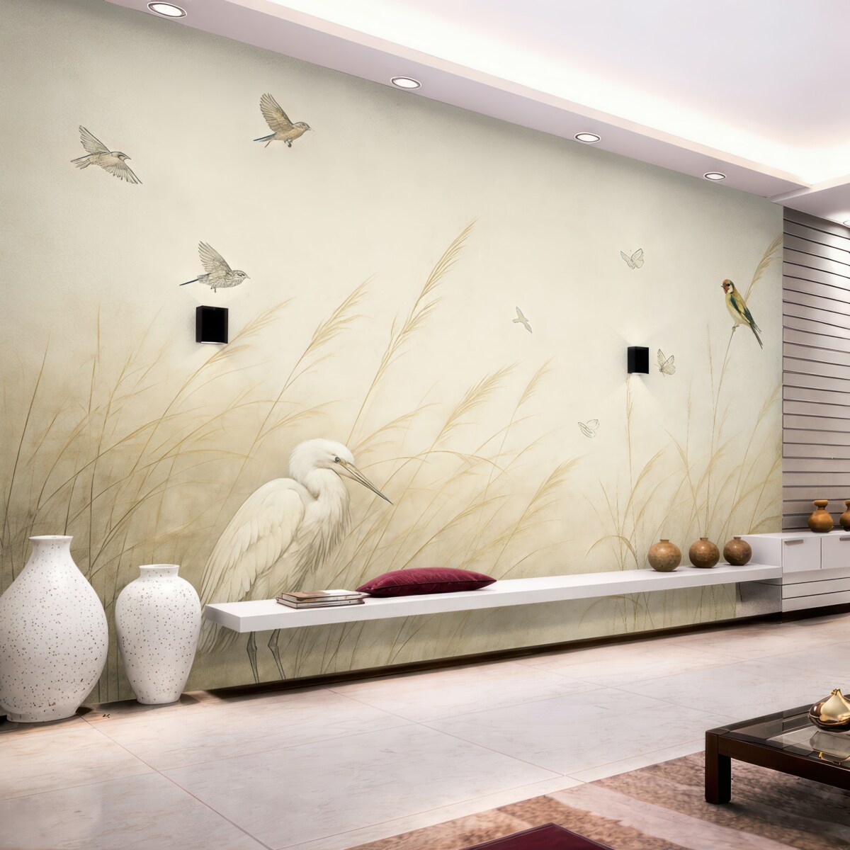 Fototapeta Ptaki nad jeziorem wśród wysuszonych kwiatów, roślin i trawy.