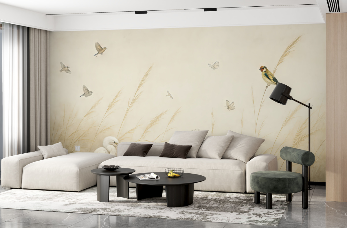 Fototapeta Ptaki nad jeziorem wśród wysuszonych kwiatów, roślin i trawy.