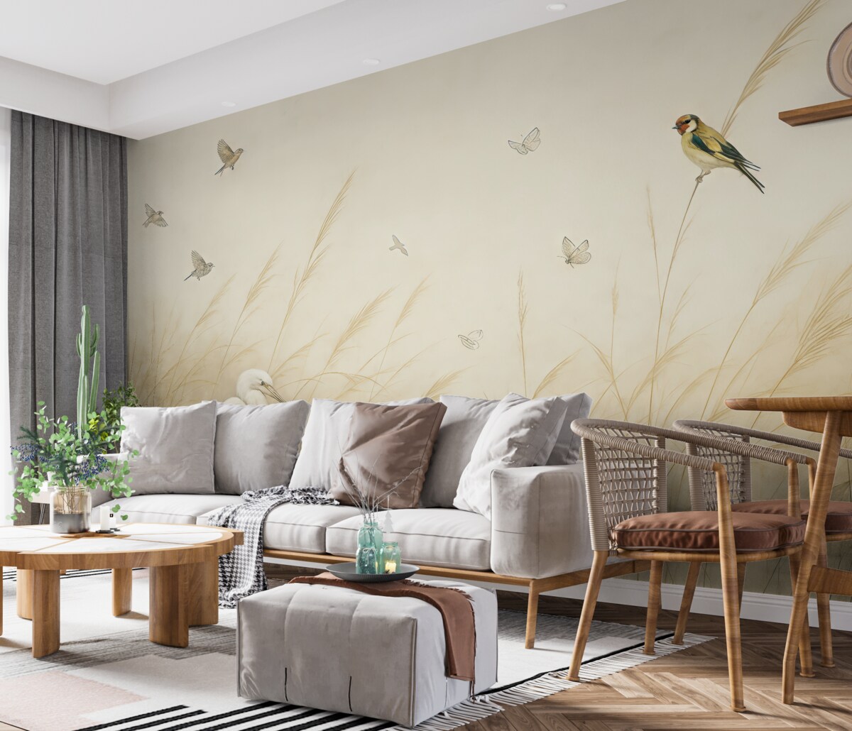 Fototapeta Ptaki nad jeziorem wśród wysuszonych kwiatów, roślin i trawy.