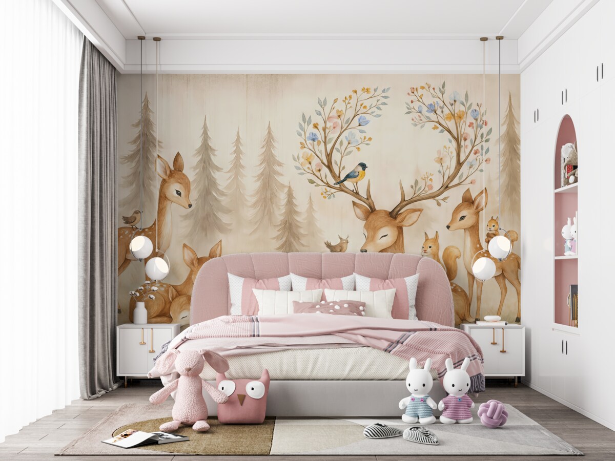 Fototapeta Las akwarelowy z reniferami.