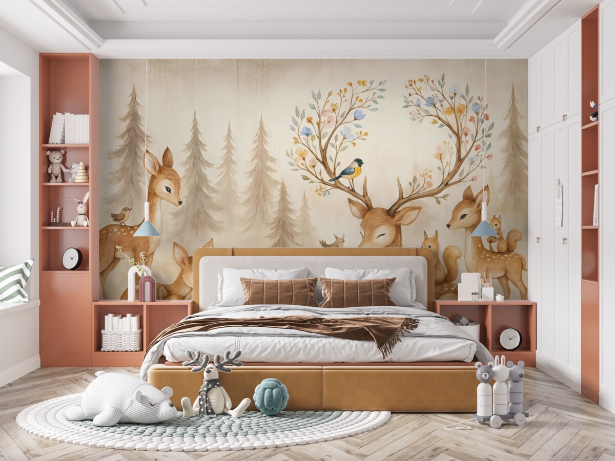 Fototapeta Las akwarelowy z reniferami.