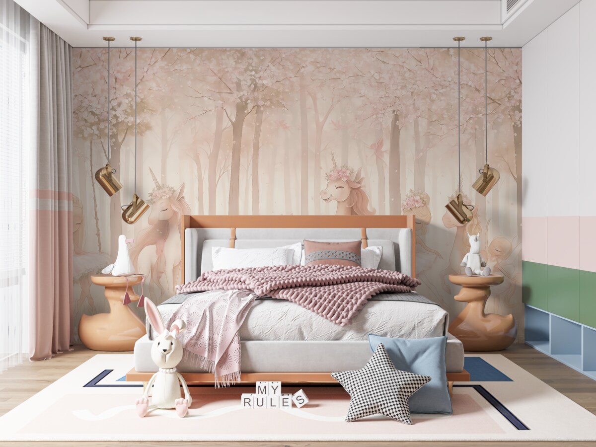 Fototapeta Bajkowy las z książętnami i jednorożcami.