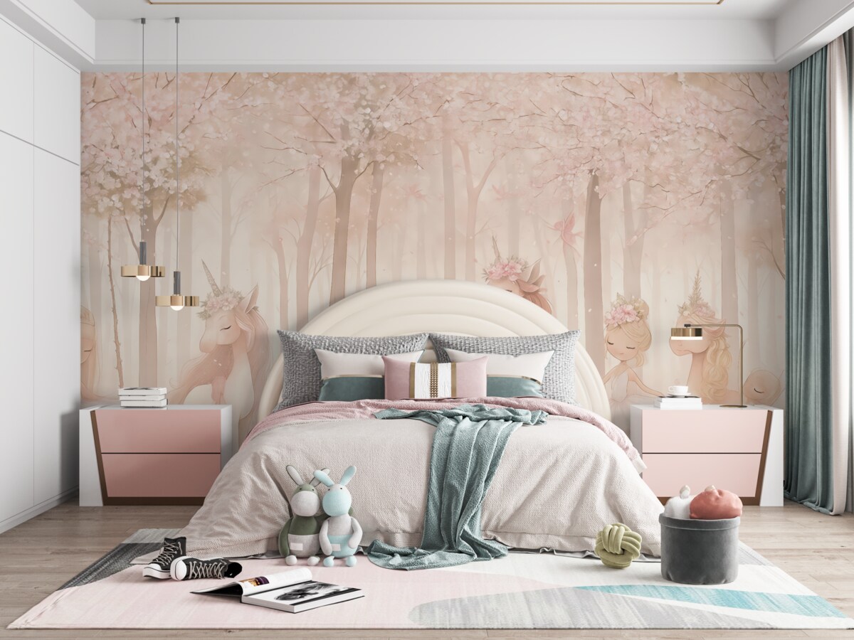 Fototapeta Bajkowy las z książętnami i jednorożcami.