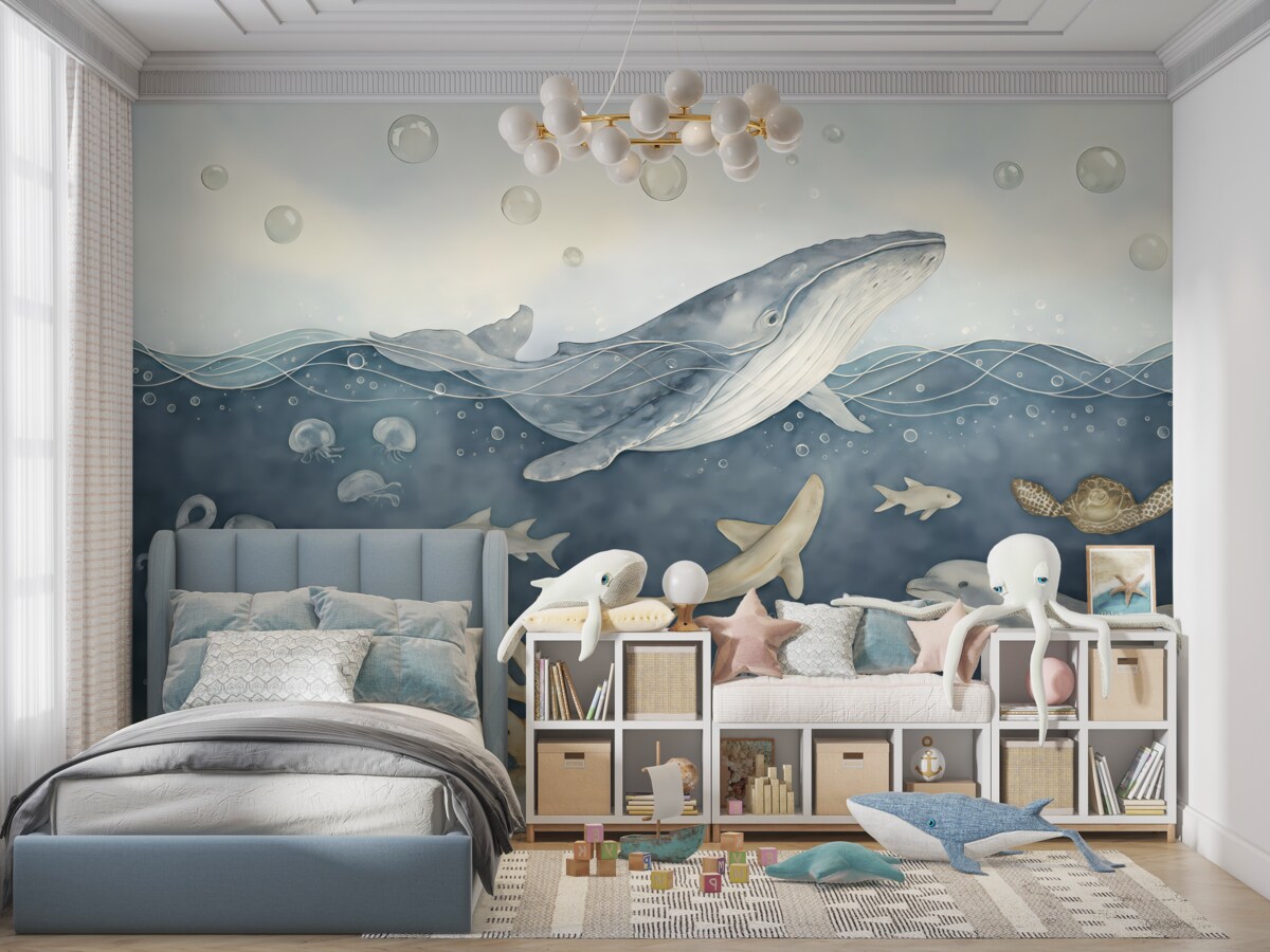 Fototapeta Życie oceaniczne, wale, delfiny, koralowce, stworzenia morskie, tematyka oceanu, łagodne barwy.