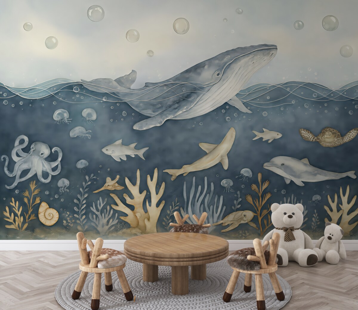 Fototapeta Życie oceaniczne, wale, delfiny, koralowce, stworzenia morskie, tematyka oceanu, łagodne barwy.