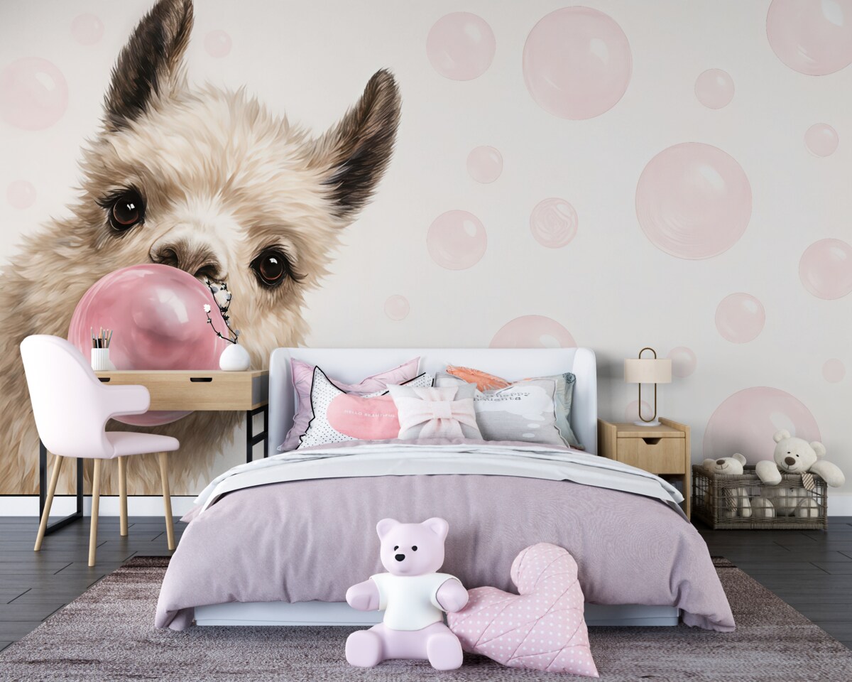 Fototapeta Śmieszna lama i różowe bańki.