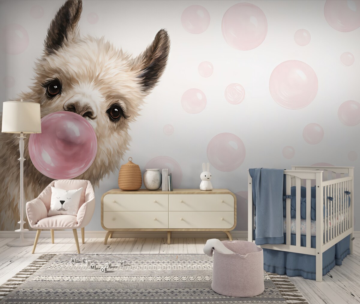 Fototapeta Śmieszna lama i różowe bańki.