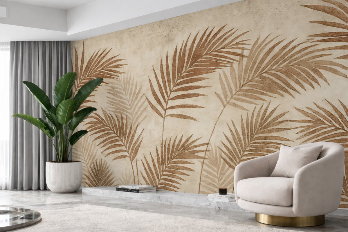 Fototapeta Wzór tapety z egzotycznymi drzewami i liśćmi w zamglonym lesie.