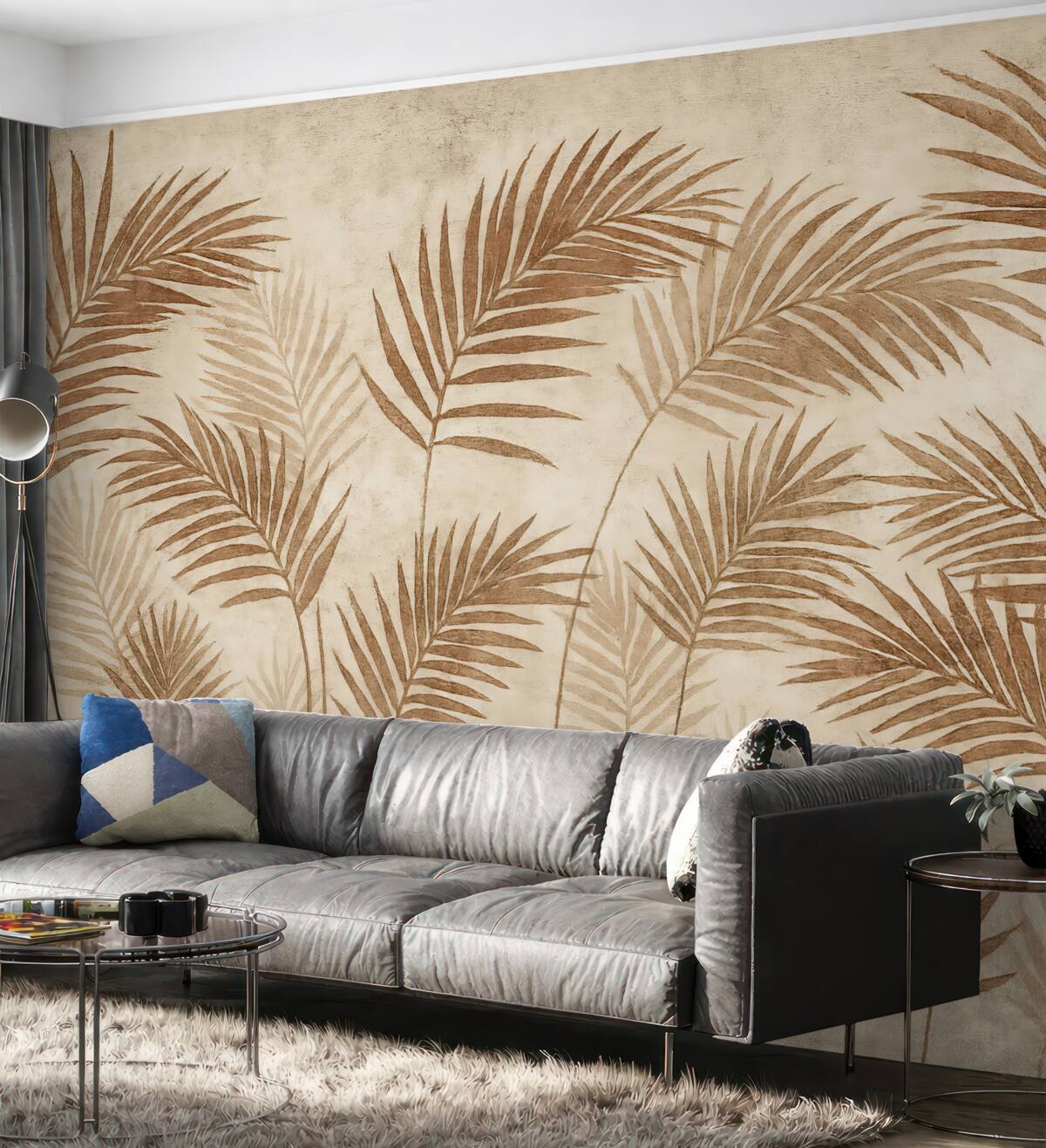 Fototapeta Wzór tapety z egzotycznymi drzewami i liśćmi w zamglonym lesie.