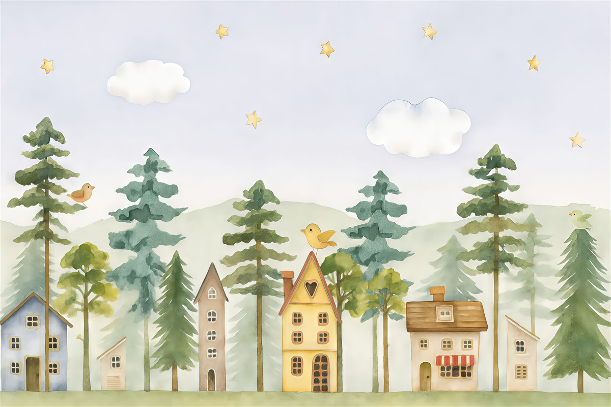 Fototapeta Sosnowy las z ptakami i urokliwymi domkami, barwy zielona i beżowa.