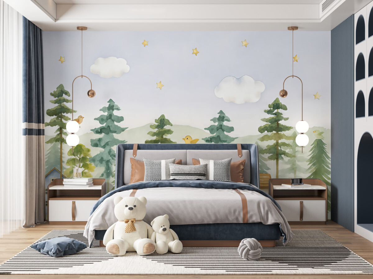 Fototapeta Sosnowy las z ptakami i urokliwymi domkami, barwy zielona i beżowa.