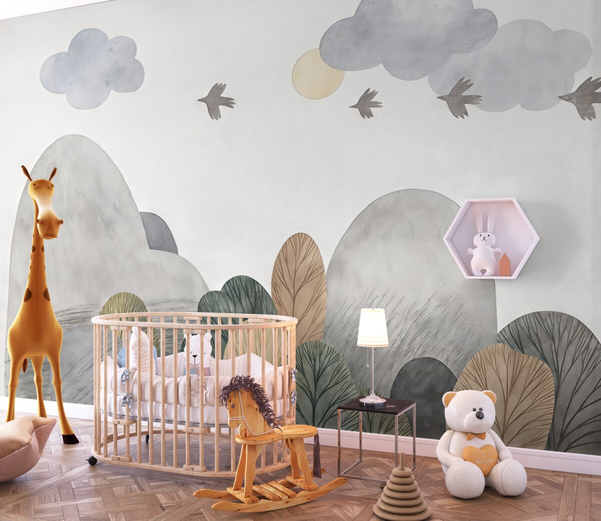 Fototapeta Krajobraz akwarelowy z drzewami, ptakami oraz chmurami.