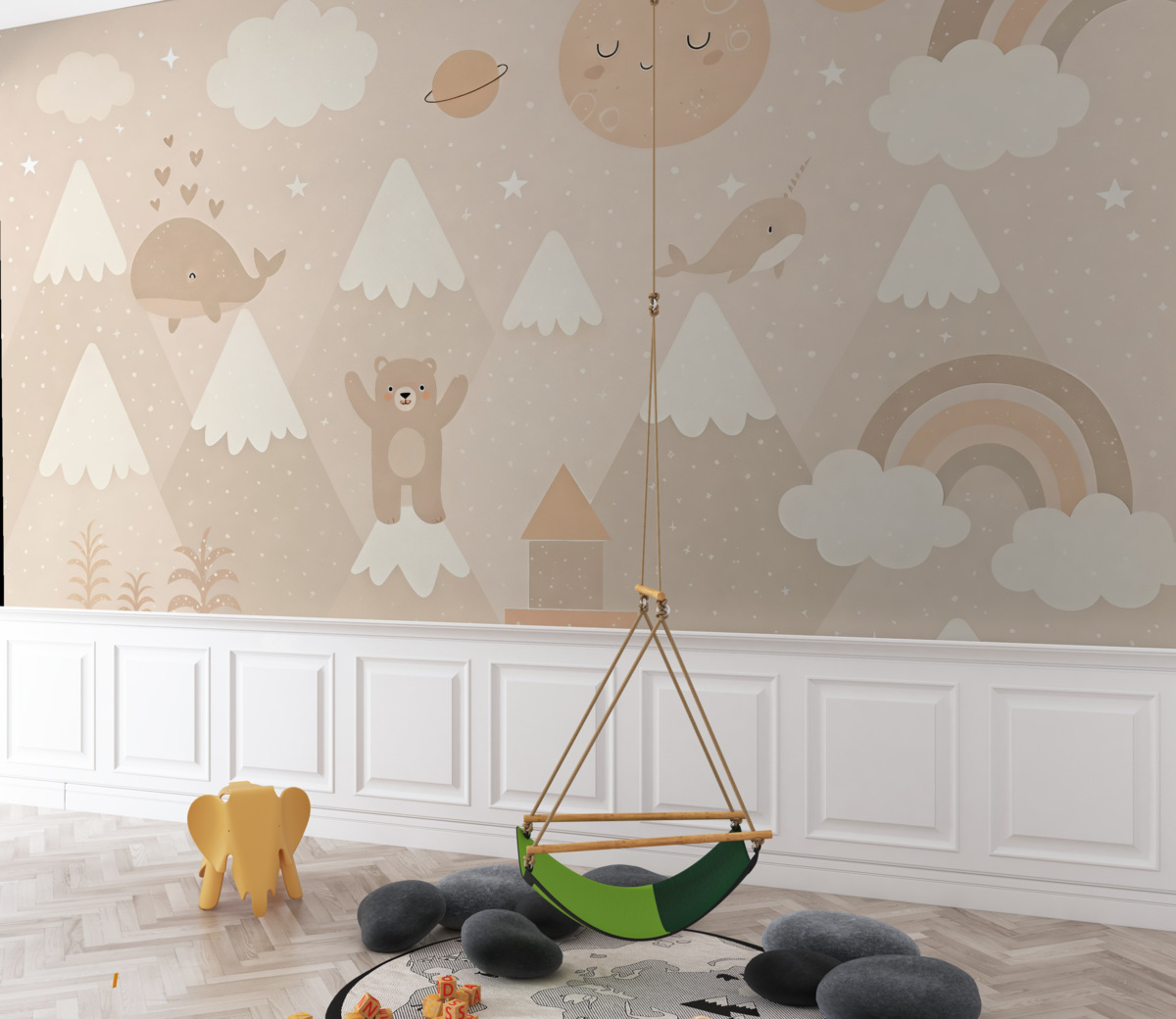 Fototapeta Góry z urokliwymi zwierzętami, chmurami i planetami, piaskowe odcienie.