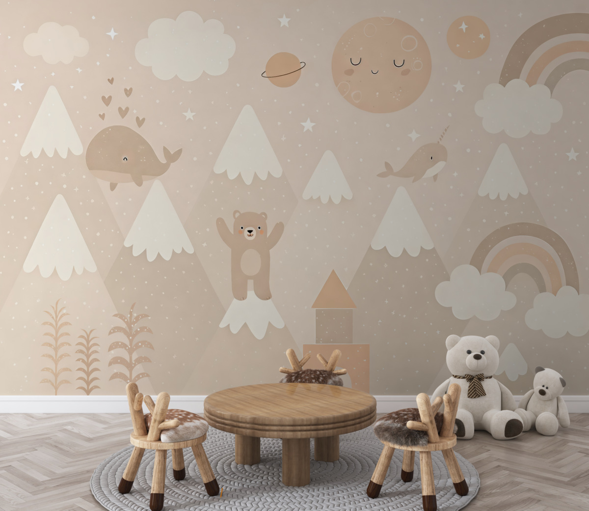 Fototapeta Góry z urokliwymi zwierzętami, chmurami i planetami, piaskowe odcienie.