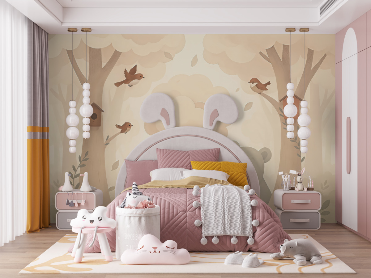 Fototapeta Urokliwy las z zwierzętami w subtelnych barwach.