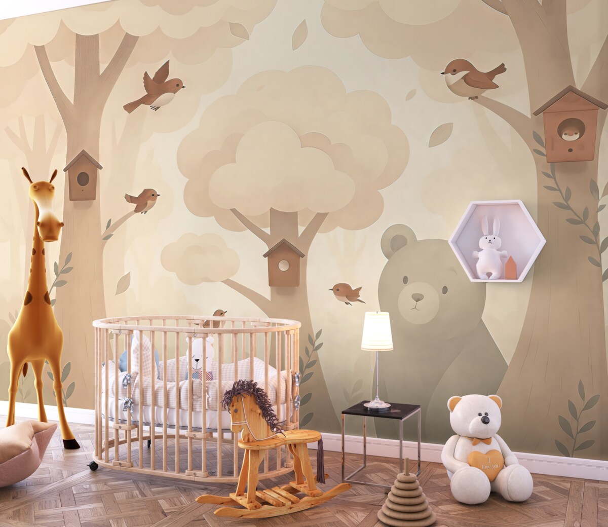 Fototapeta Urokliwy las z zwierzętami w subtelnych barwach.