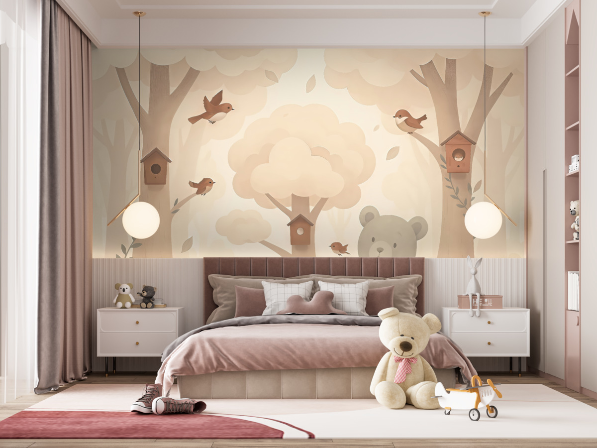 Fototapeta Urokliwy las z zwierzętami w subtelnych barwach.