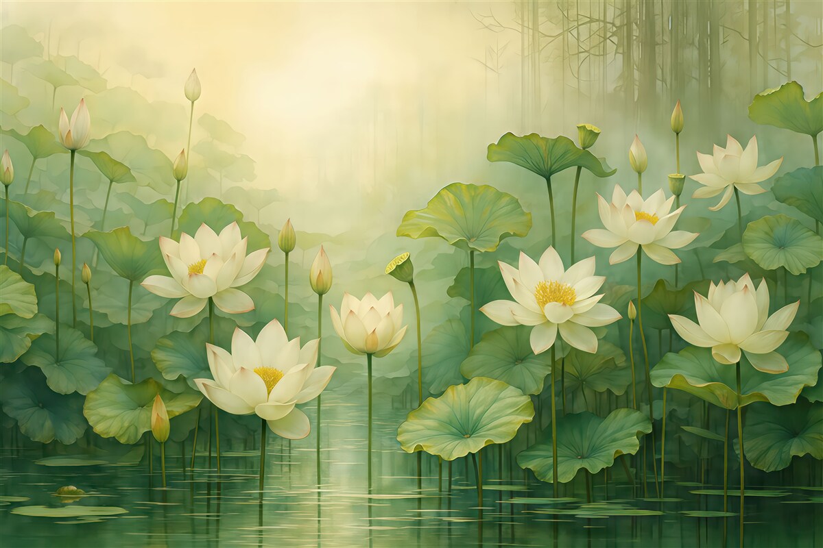 Fototapeta Kwiaty lotosu w stawie, dżungla, sztuka tropikalna, zieleń.