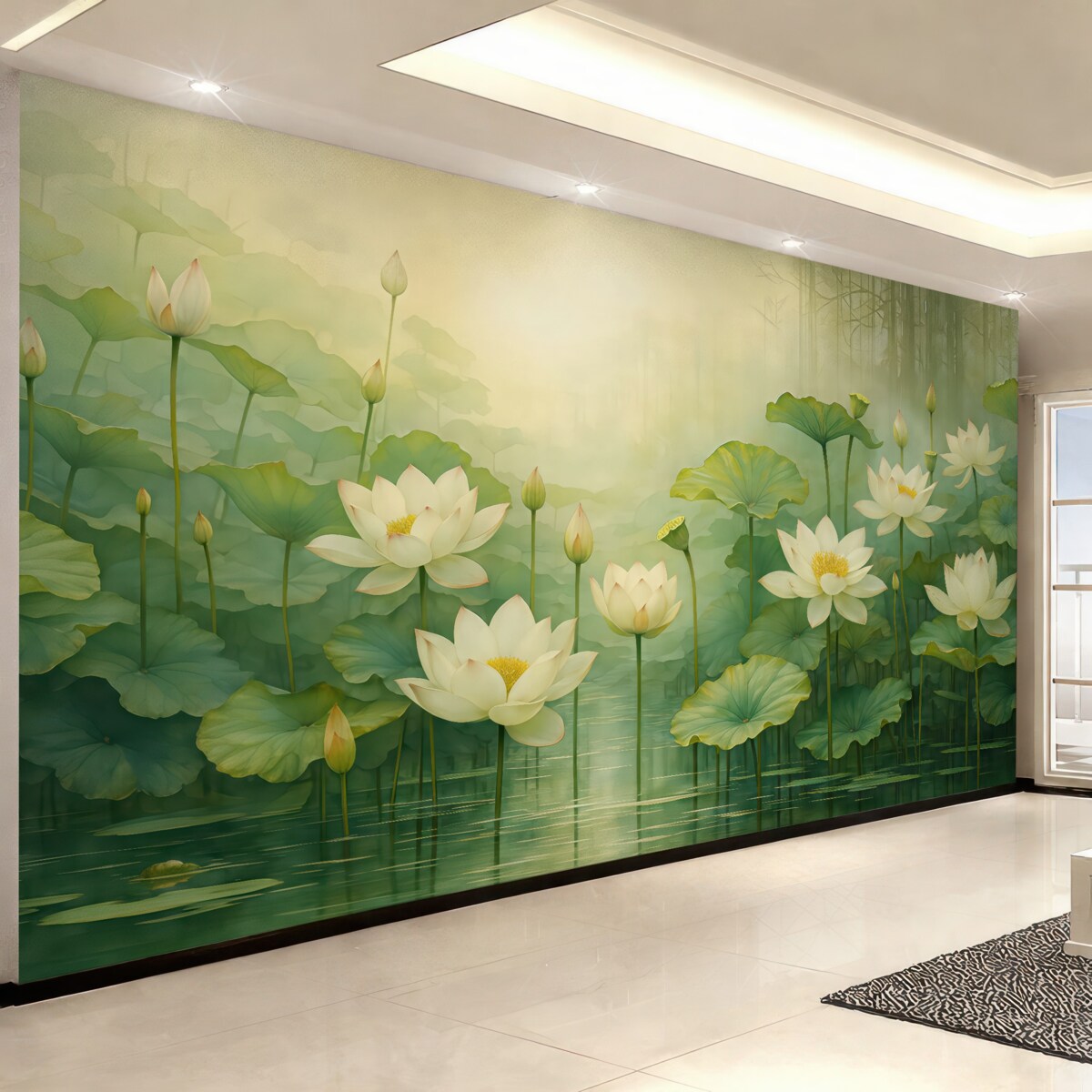 Fototapeta Kwiaty lotosu w stawie, dżungla, sztuka tropikalna, zieleń.