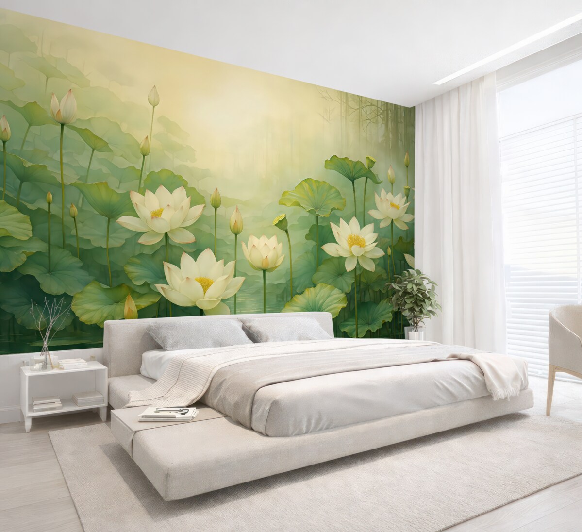 Fototapeta Kwiaty lotosu w stawie, dżungla, sztuka tropikalna, zieleń.