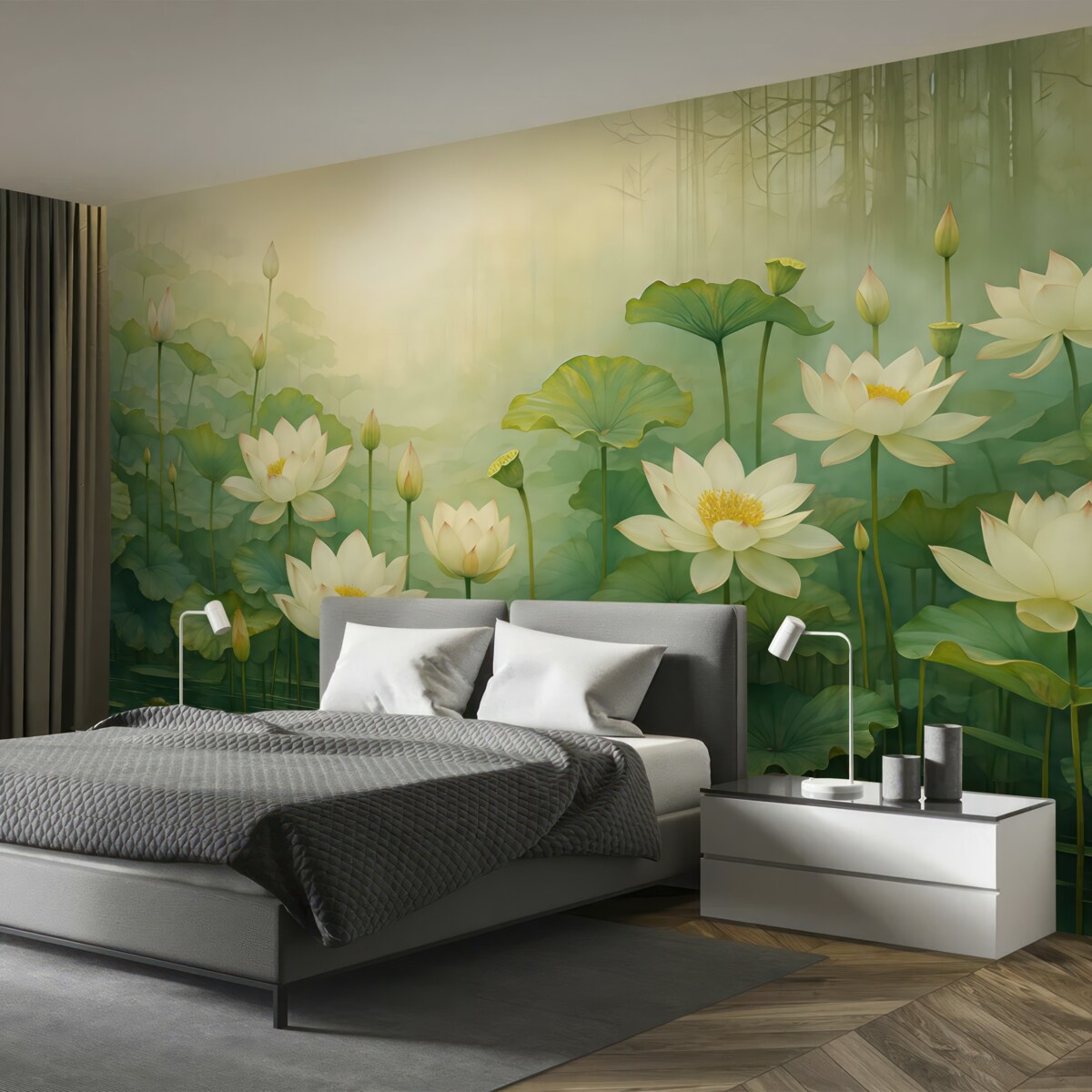 Fototapeta Kwiaty lotosu w stawie, dżungla, sztuka tropikalna, zieleń.