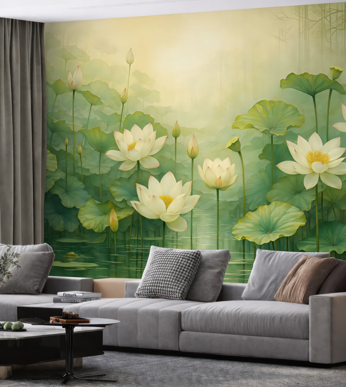 Fototapeta Kwiaty lotosu w stawie, dżungla, sztuka tropikalna, zieleń.