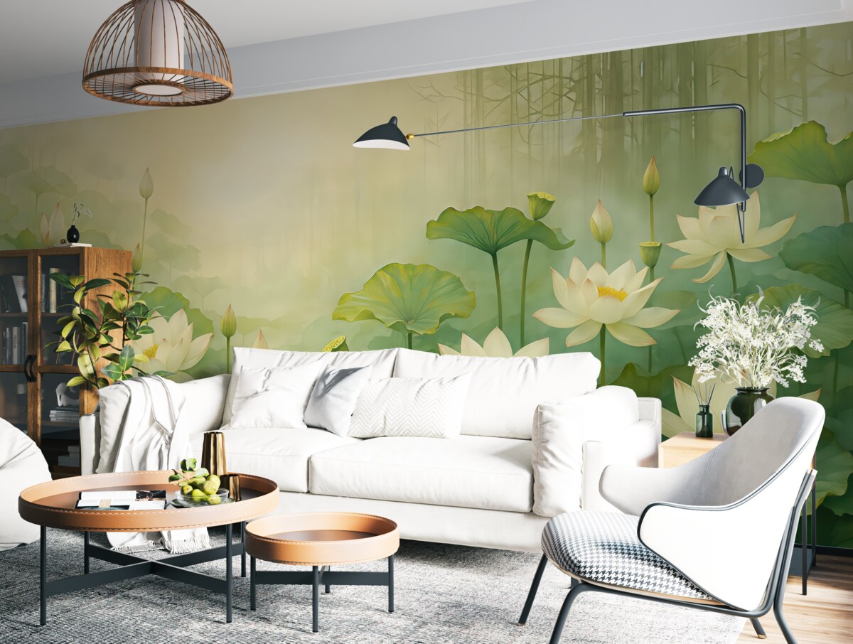 Fototapeta Kwiaty lotosu w stawie, dżungla, sztuka tropikalna, zieleń.