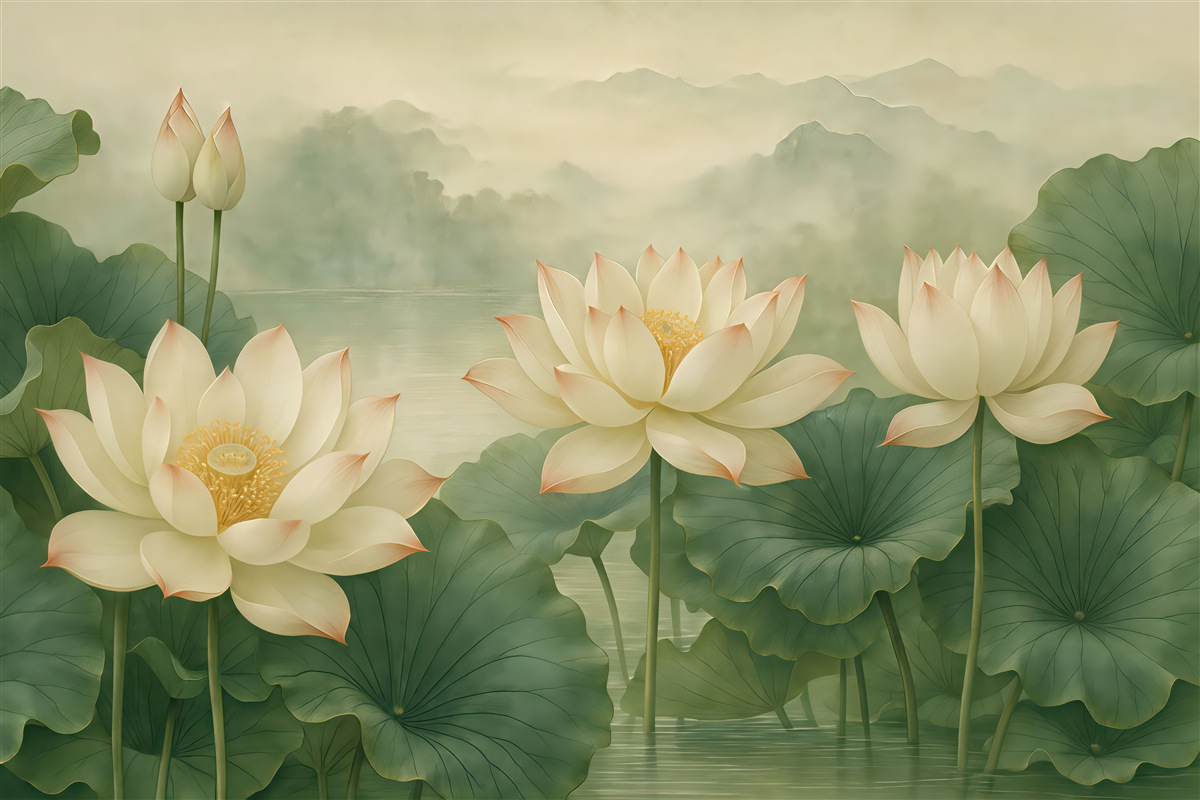 Fototapeta Kwiaty lotosu w stawie, mgiełka, sztuka tropikalna, zieleń.