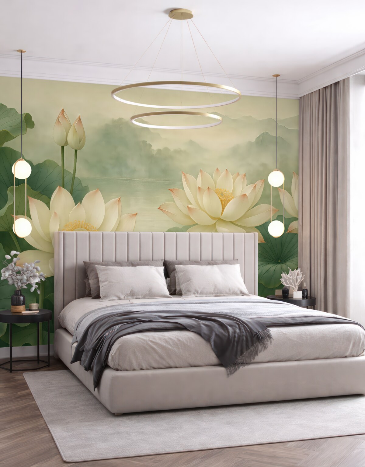 Fototapeta Kwiaty lotosu w stawie, mgiełka, sztuka tropikalna, zieleń.