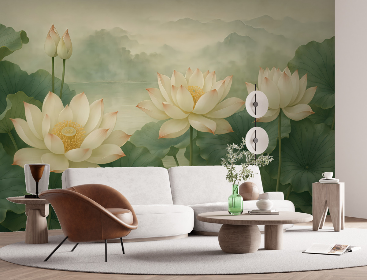 Fototapeta Kwiaty lotosu w stawie, mgiełka, sztuka tropikalna, zieleń.