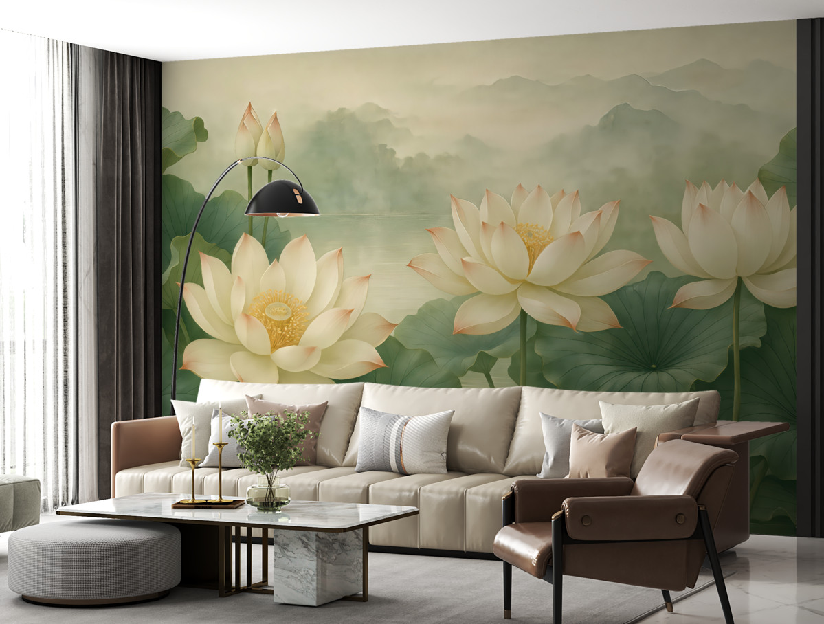 Fototapeta Kwiaty lotosu w stawie, mgiełka, sztuka tropikalna, zieleń.