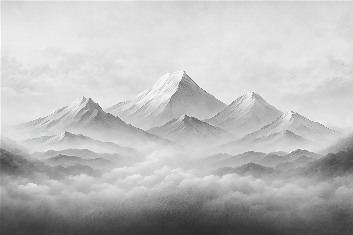 Fototapeta Góry w obłokach, mglisto, szara barwa, pejzaż.