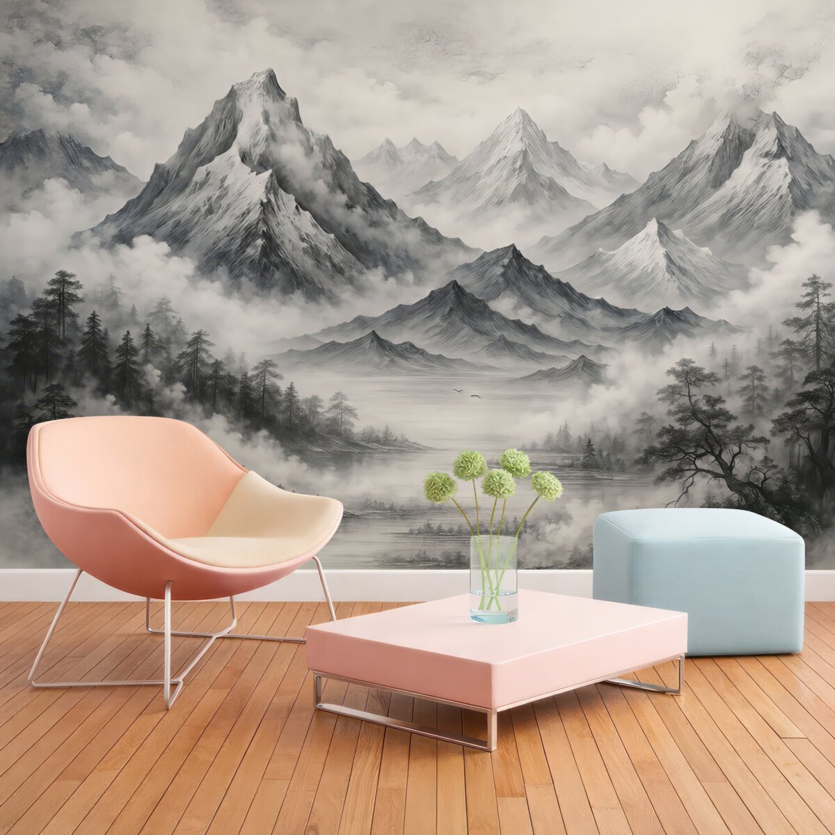 Fototapeta Akwarela górskiego krajobrazu, orientalnego, z lasem i mgłą.