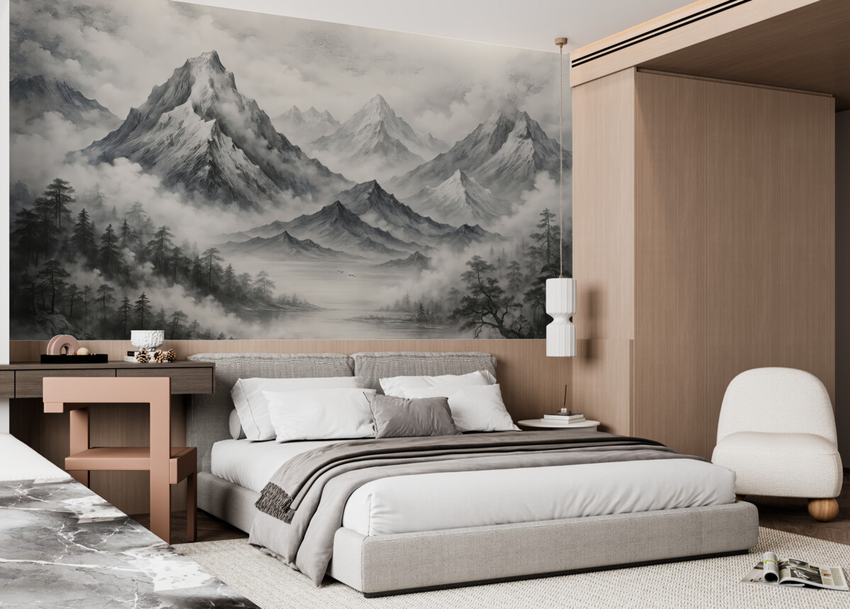 Fototapeta Akwarela górskiego krajobrazu, orientalnego, z lasem i mgłą.