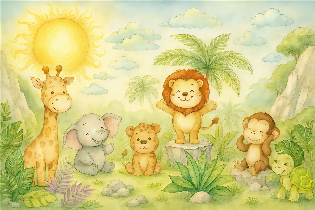 Fototapeta Czarowne tropikalne stworzenia w technice akwarelowej.