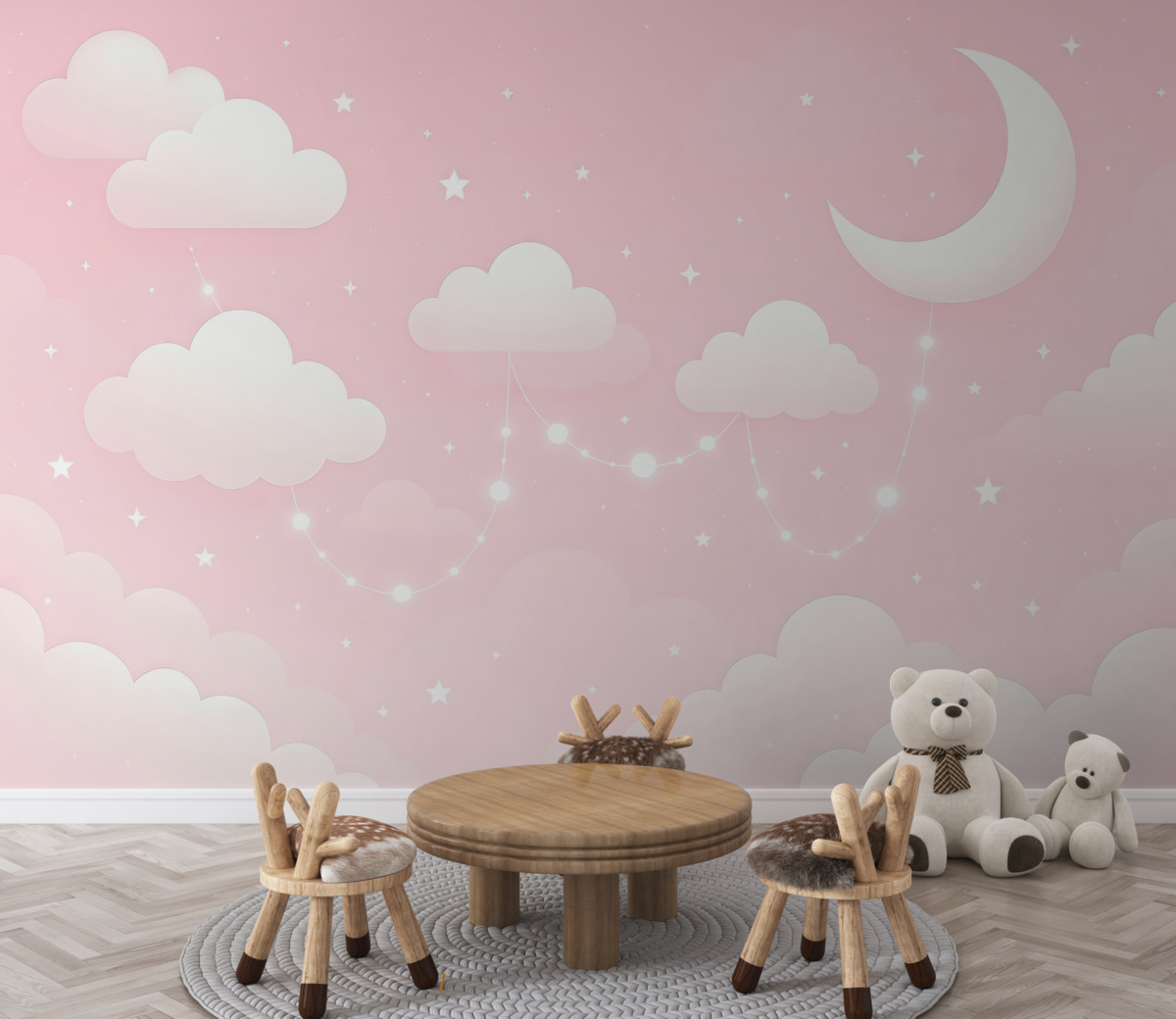 Fototapeta Sukulentne gwiazdy, księżyc oraz chmury na różowym tle.