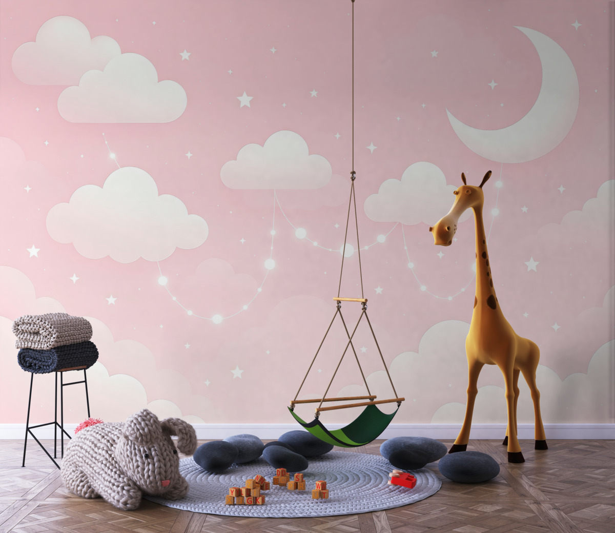 Fototapeta Sukulentne gwiazdy, księżyc oraz chmury na różowym tle.