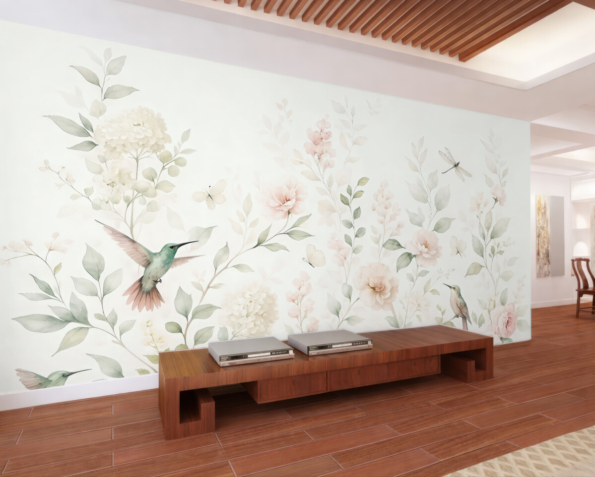 Fototapeta Róże ogrodowe, liście, ptaki na jasnym tle.