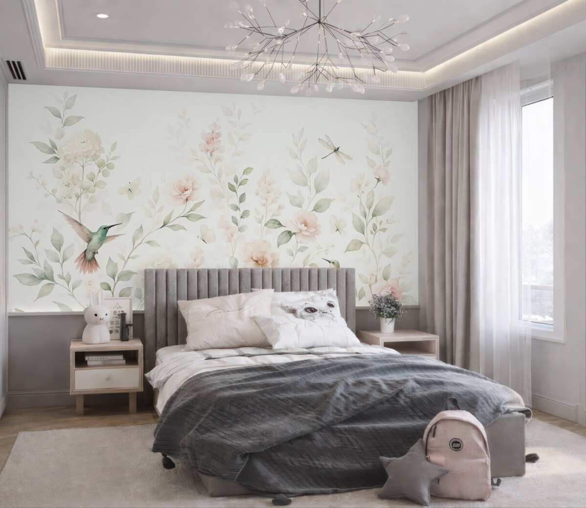 Fototapeta Róże ogrodowe, liście, ptaki na jasnym tle.