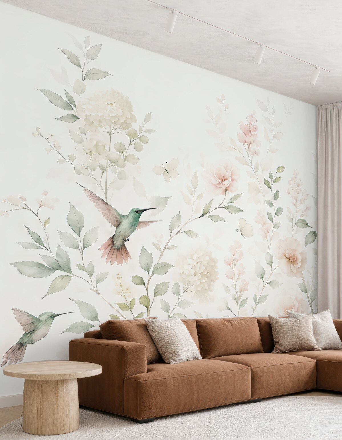 Fototapeta Róże ogrodowe, liście, ptaki na jasnym tle.