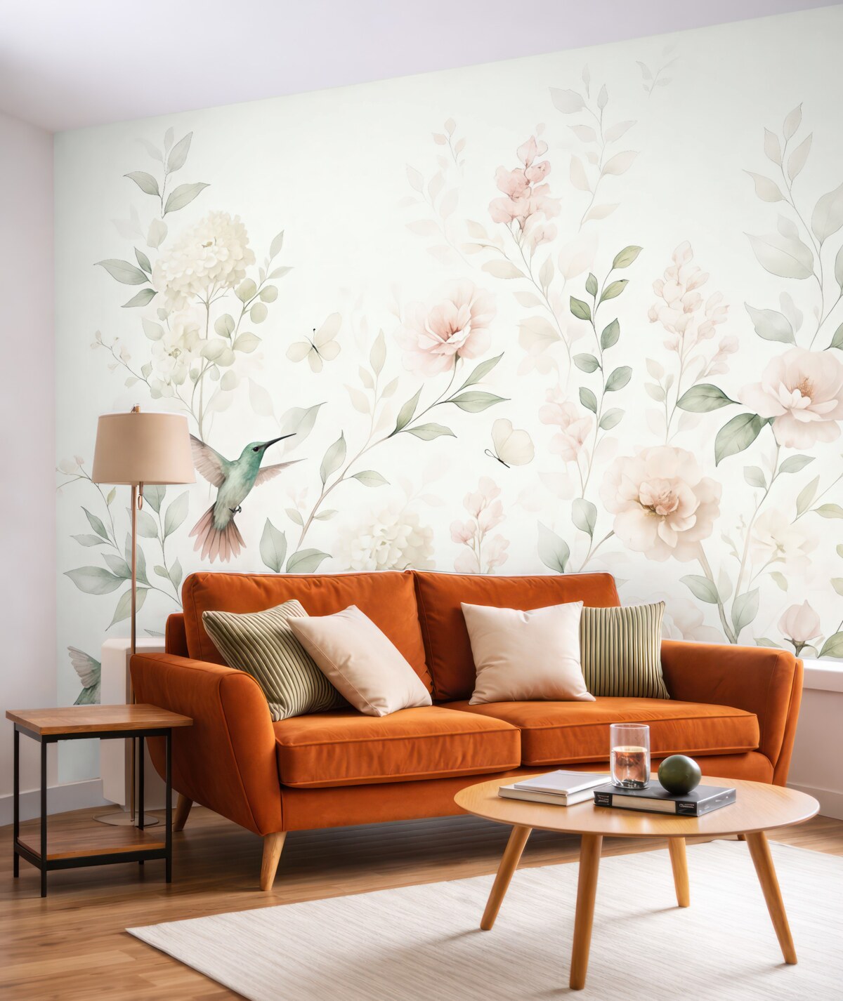 Fototapeta Róże ogrodowe, liście, ptaki na jasnym tle.