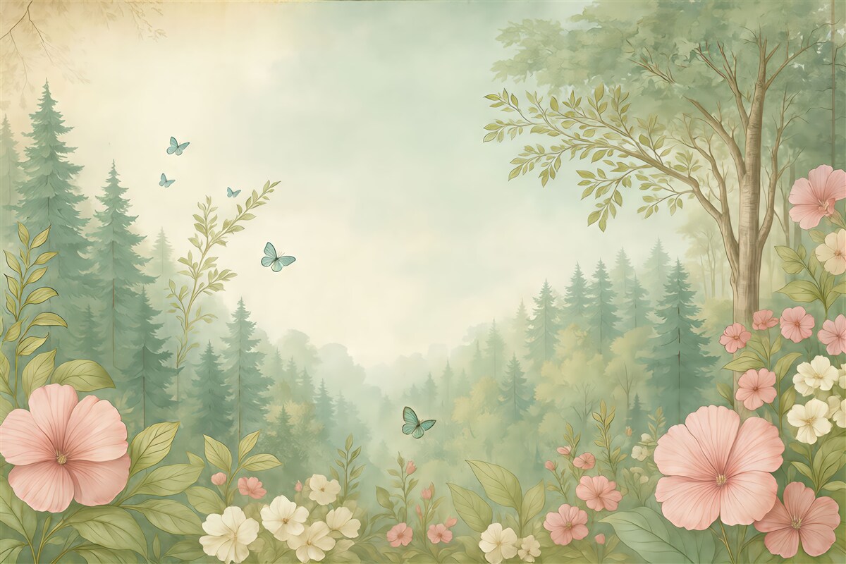 Fototapeta Cudowny las z roślinami i sosnami, fantastyczny, idealistyczny.