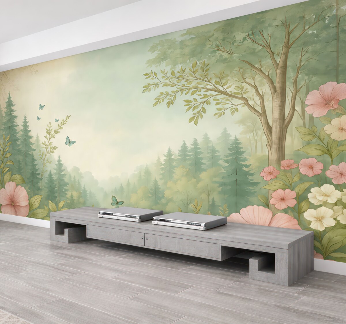 Fototapeta Cudowny las z roślinami i sosnami, fantastyczny, idealistyczny.