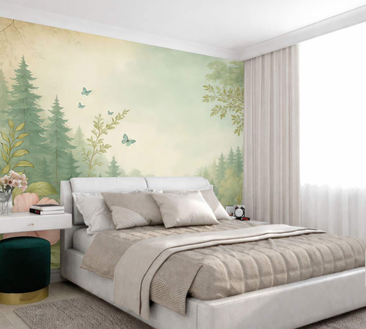 Fototapeta Cudowny las z roślinami i sosnami, fantastyczny, idealistyczny.